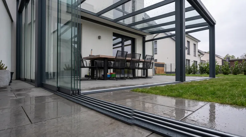 Terrassendach mit seitlich verschiebbaren Glaselementen als Windschutz