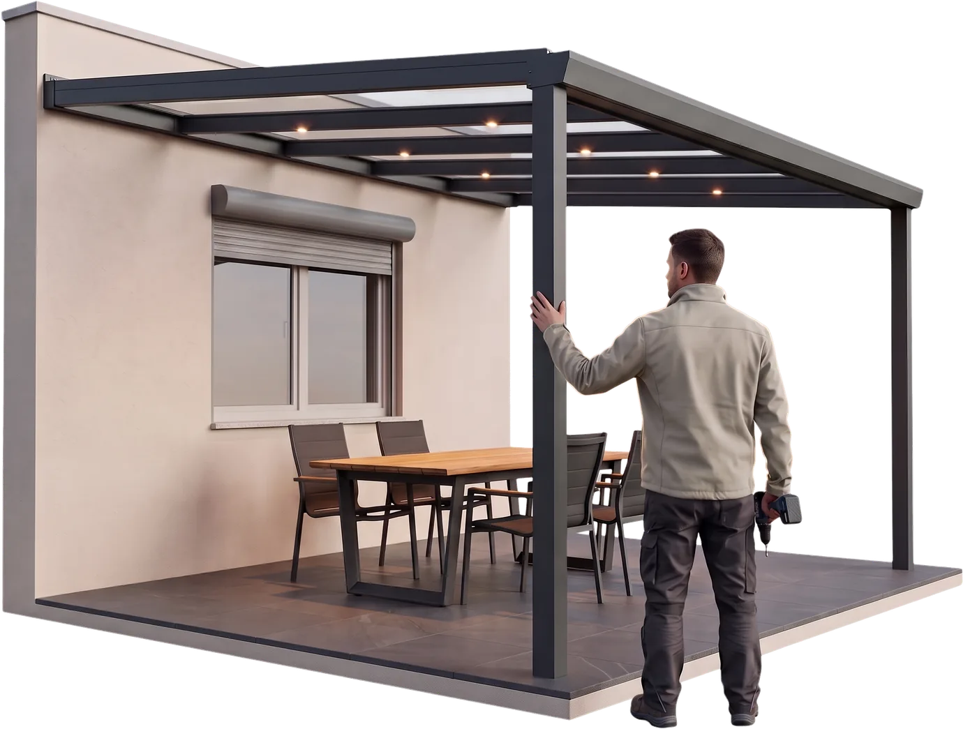 Monteur kontrolliert die Aluminium-Terrassenüberdachung mit Glas und LED-Beleuchtung